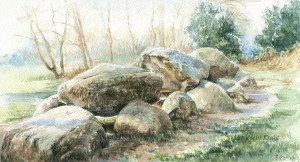 'Hunebed Diever', 30x17 cm, aquarel schilderij (te koop)