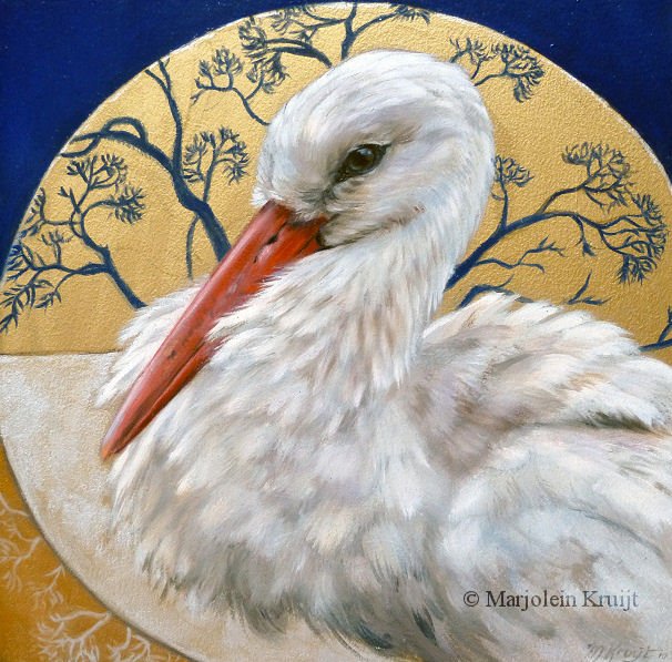 'The gift of the white stork - Ooievaar, 20x20 cm, olieverf en goud (verkocht)