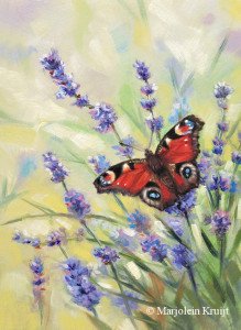 'Dagpauwoog op lavendel', 13x18 cm, olieverf schilderij (te koop)