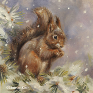 'Eekhoorn in de sneeuw', 20x20 cm, olieverf schilderij (verkocht)