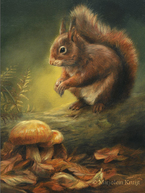 'Eekhoorn in de herfst', 18x24 cm, olieverf schilderij (verkocht)
