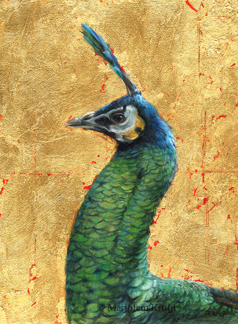 'Groene pauw', 18x24 cm, olieverf schilderij met goud N/A