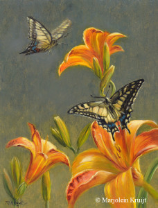 'Koninginnepages op lelies', 18x24 cm, olieverf schilderij (te koop)