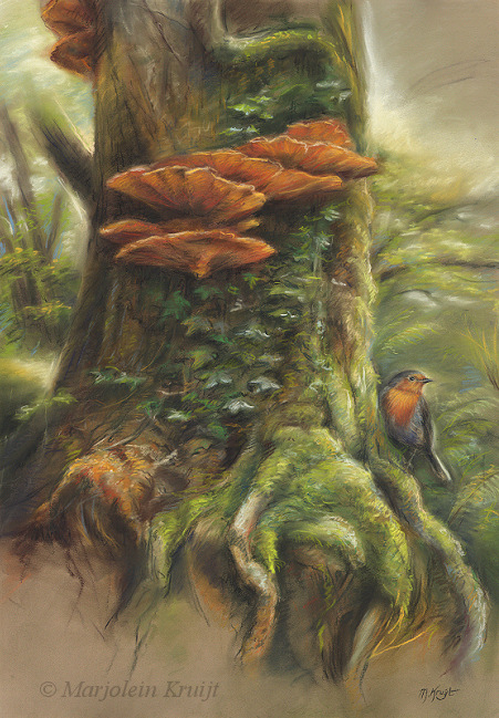 'Magic Tree' -Roodborstje, 47x67 cm, pastel schilderij (te koop)