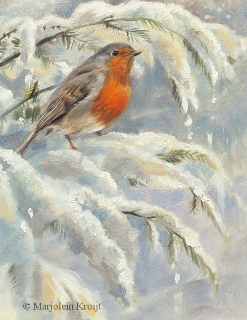 'Roodborstje in de sneeuw ', 15x20 cm, olieverf schilderij (verkocht)