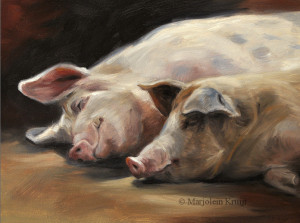 'Slapende varkens', 24x18 cm, olieverf schilderij (verkocht)