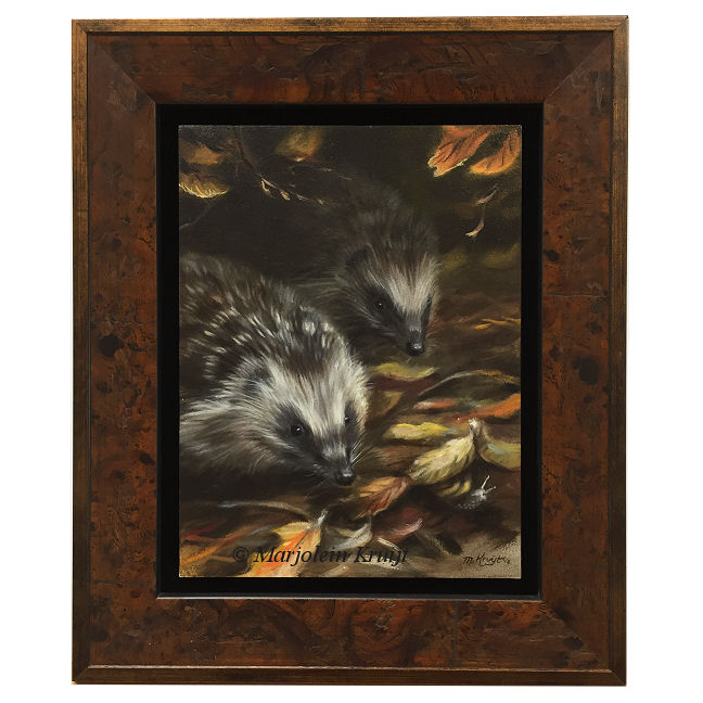 Schilderij egels in de herfst "Hide & Seek" door Marjolein Kruijt (te koop)