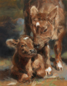 'Kalfjes', olieverf schilderij koeien, 18x13 cm (verkocht)