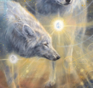 Close-up-Illumined II - ascended wolves of Yellowstone NP & Aa Metatron, 120x80 cm, olieverf op doek