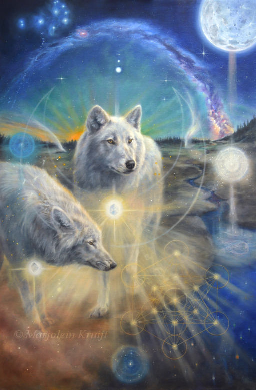 Illumined II - ascended wolves of Yellowstone NP & Aa Metatron, 120x80 cm, olieverf op doek