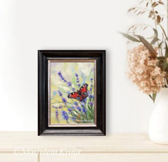'Dagpauwoog vlinder op lavendel', olieverf schilderij 18x13 cm (te koop)