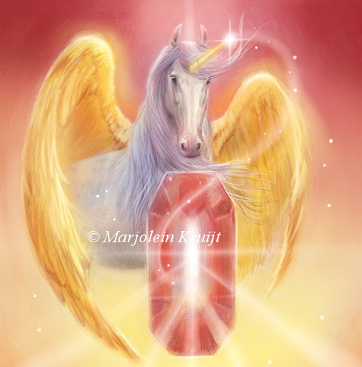 Unicorn - eenhoorn schilderij / illustratie Ruby Oracle card Diana Cooper, Marjolein Kruijt