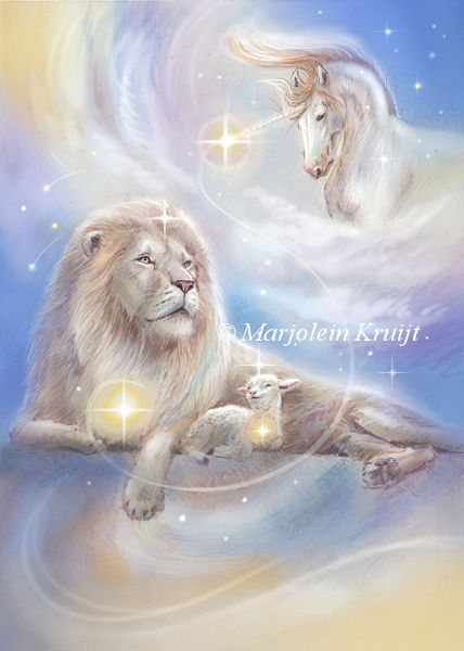 (37) Vredevolle krijger -peaceful-warrior orakelkaart leeuw en lam [Eenhoorn schilderij / illustratie]