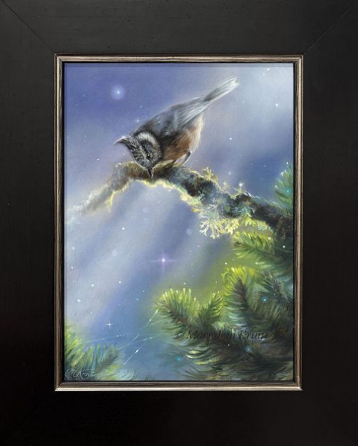 'Magic air'-kuifmees, 24x18 cm, olieverf schilderij (te koop)
