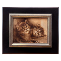 'Kittens' schilderij in sepia, 18x24 cm, olieverf (te koop)