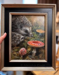 'Egels met paddenstoelen in de herfst', 24x18 cm, olieverf schilderij (te koop)