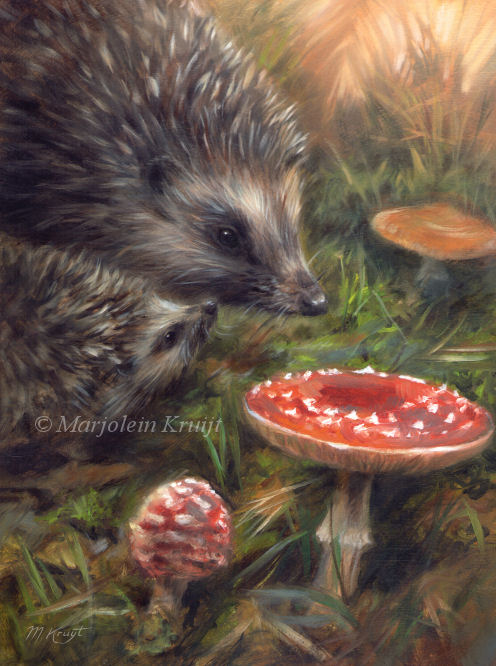 'Egels in de herfst', 24x18 cm, olieverf schilderij (te koop)