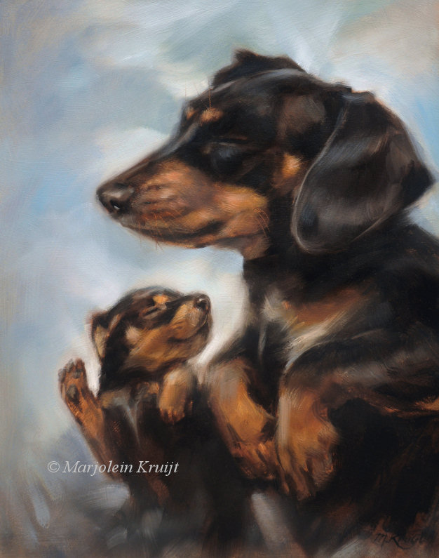 'Mother Love'- teckel met puppy 30x24 cm olieverf schilderij (Te koop)