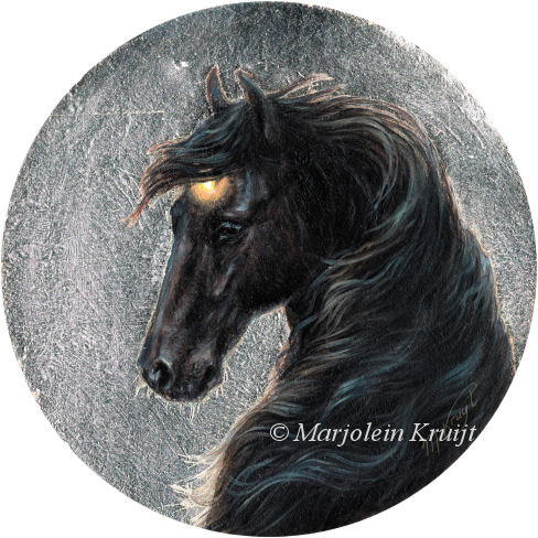 'I am Strong'- zwarte fries, paard schilderij met bladzilver, 12 cm (te koop)