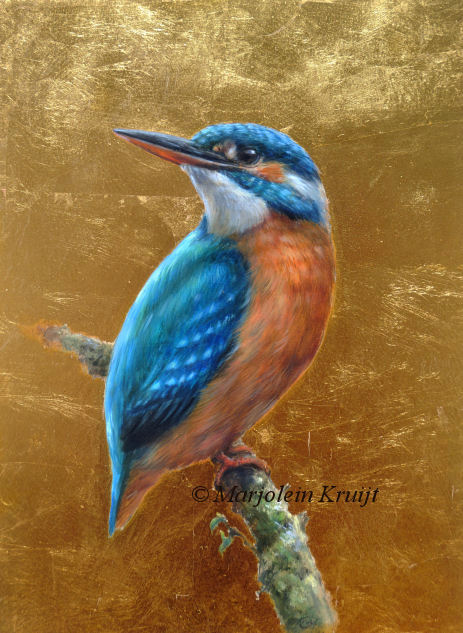 'Ijsvogel met 24K bladgoud', 24x18 cm schilderij op paneel (te koop)
