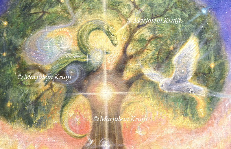 Close-up Draak en uil -'The Grand Awakening'- tree of life Yggdrasil 120x80 cm, olieverf op doek