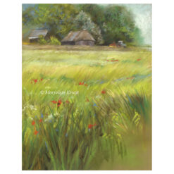 'Zomer gloren', boerderij en veld Drenthe, pastel tekening (te koop)